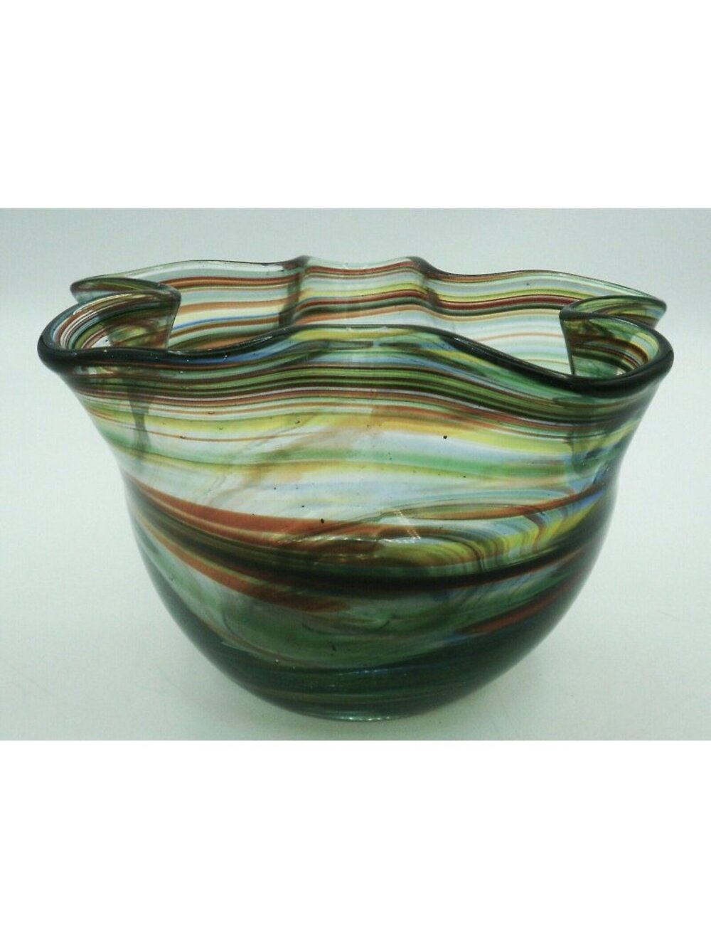 Hand Blown Art Glass Handkerchief Bowl Rainbow Swirl Ruffled  Edge Bowl